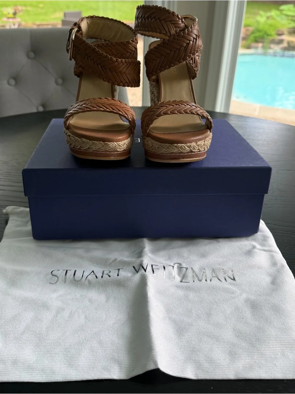 Women Stuart Weitzman Brown Woven Leather Espadrille Wedge Ankle Strap Sandals - Picture 2 of 9